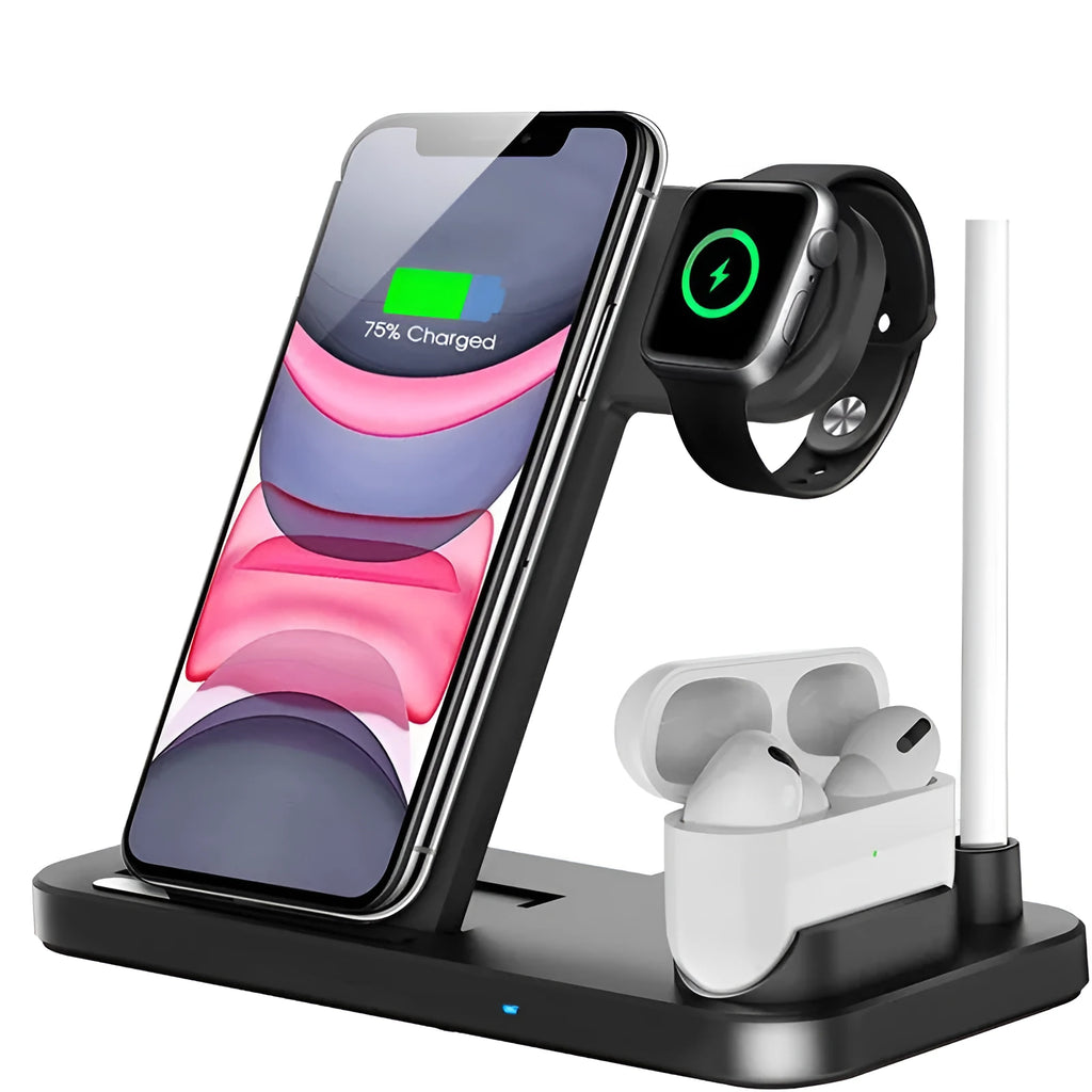 Folding 4-in-1 wireless charger in black showing vertical charging position for Apple iPhone