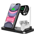 Folding 4-in-1 wireless charger in black showing vertical charging position for Apple iPhone