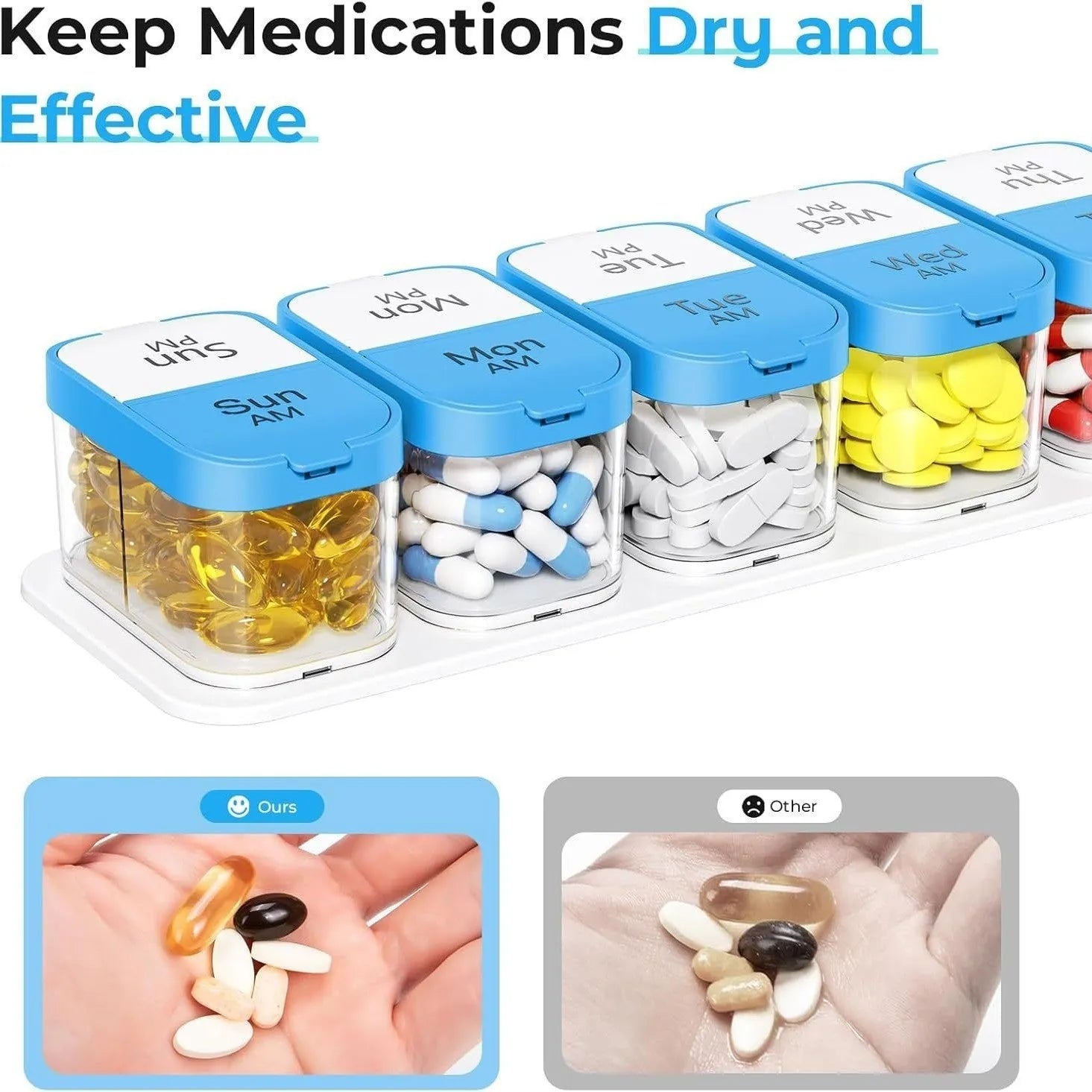White and rainbow coloured Amazon extra large pill organiser with 14 removable compartments shown open.