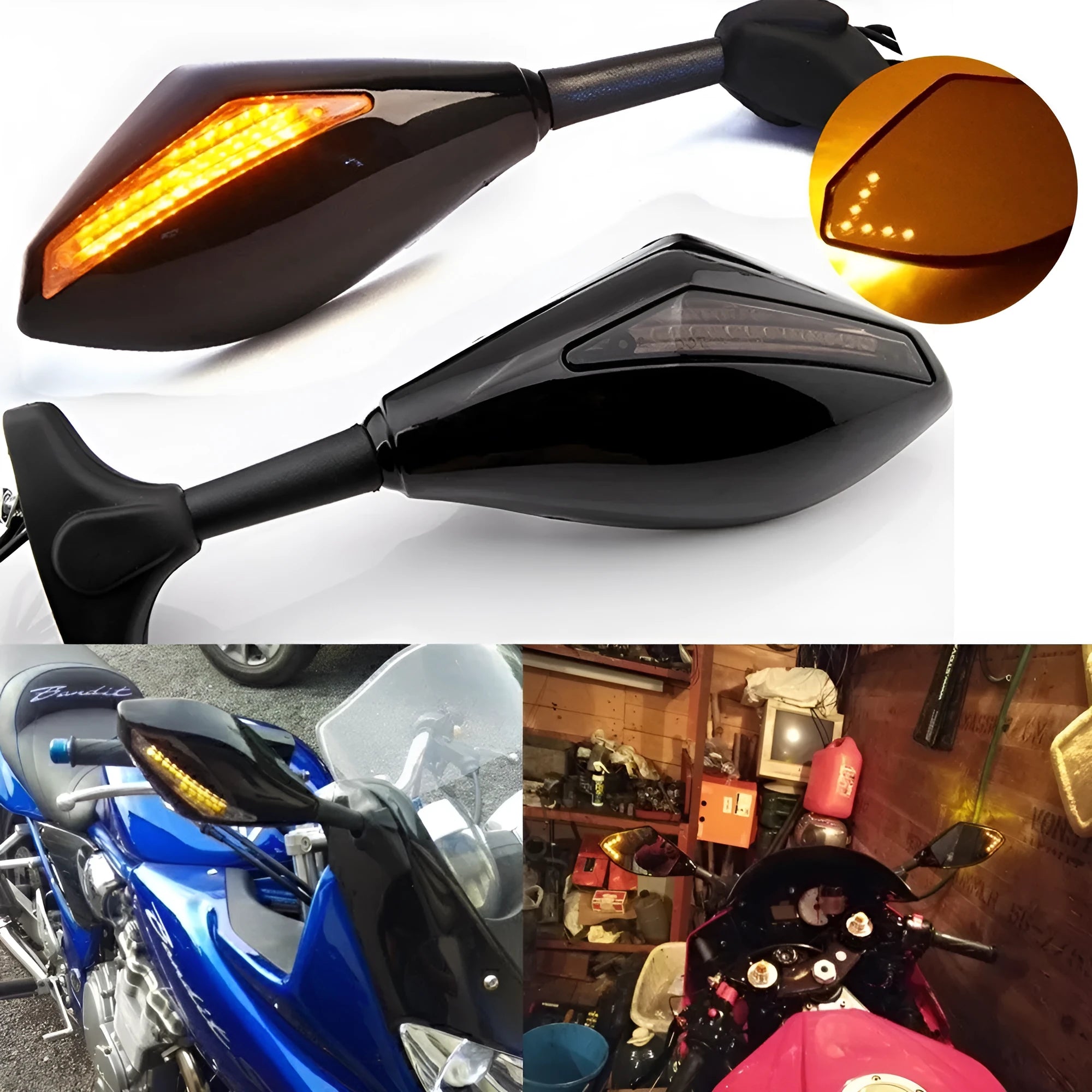Motorcycle rear view mirror with LED arrow light in carbon grain finish on a Japanese street car