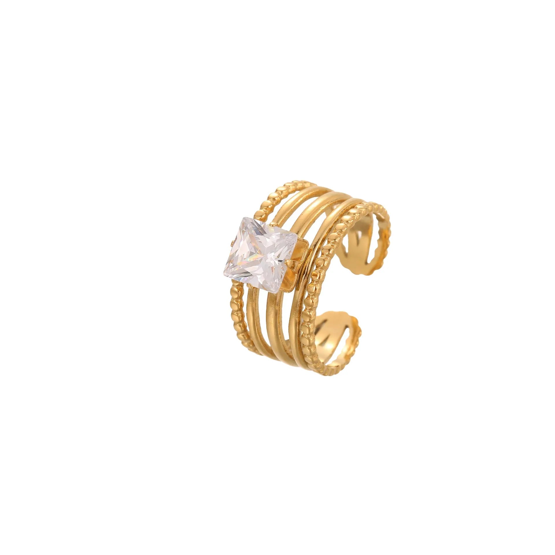 Gold electroplated geometric stainless steel ring with inlaid zircon stones on a finger, showing open mouth design.