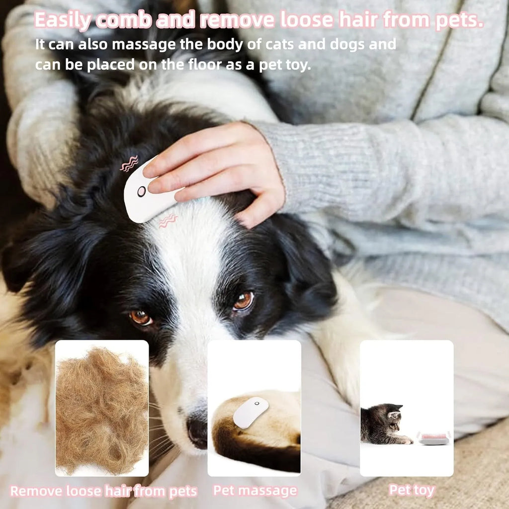 Pink handheld electric pet brush with TPE comb teeth for grooming cats and dogs.