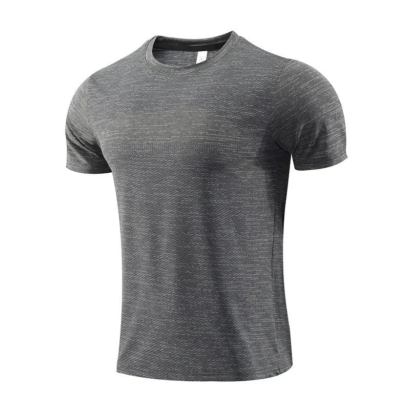 Men's short sleeve polyester spandex running t-shirt in red, shown with size label.