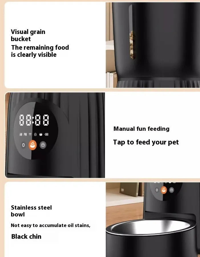 Automatic pet feeder with remote control for timed quantitative feeding in black or white colour