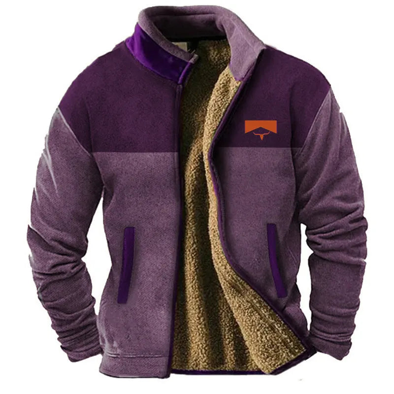 Men's green polyester fleece padded coat with a regular fit on a hanger.