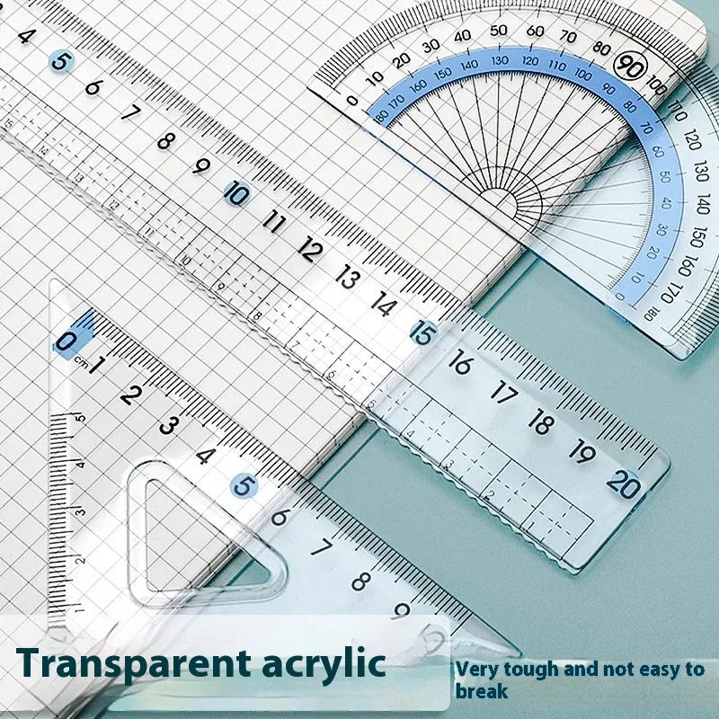 Youpai transparent acrylic ruler set with squares and protractor on a wooden desk