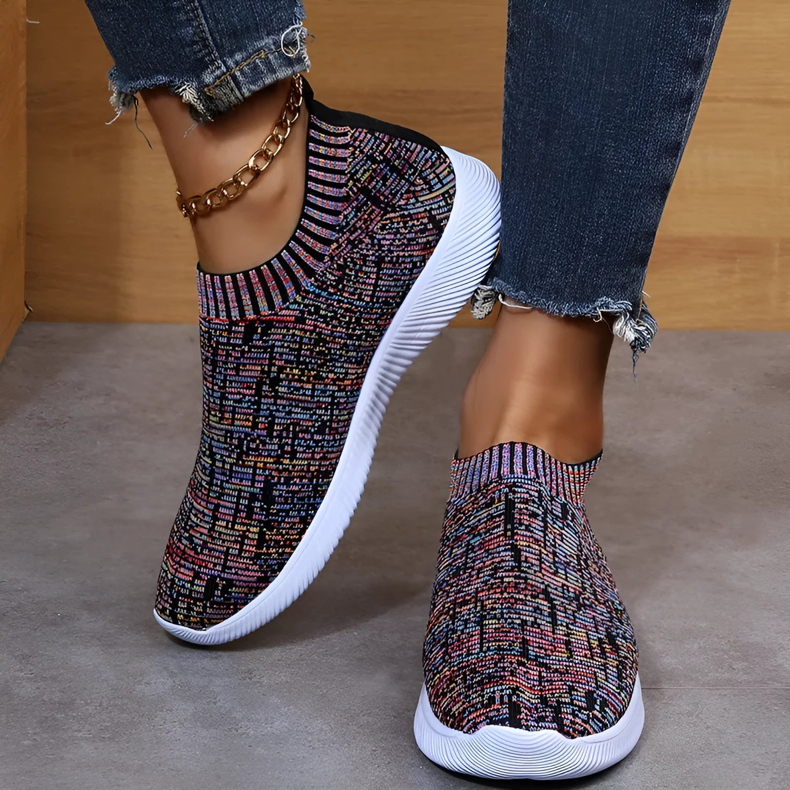Unisex stripe knit sock shoes in white with low-top design and EVA sole for running and walking