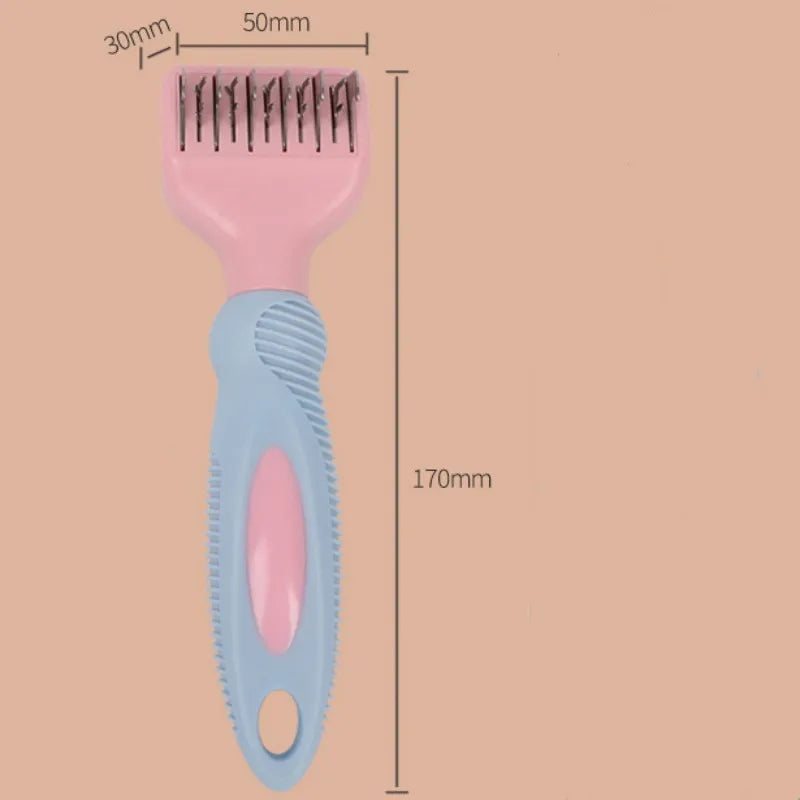 Pink stainless steel dog comb with built-in knot knife and massage teeth for pet grooming.