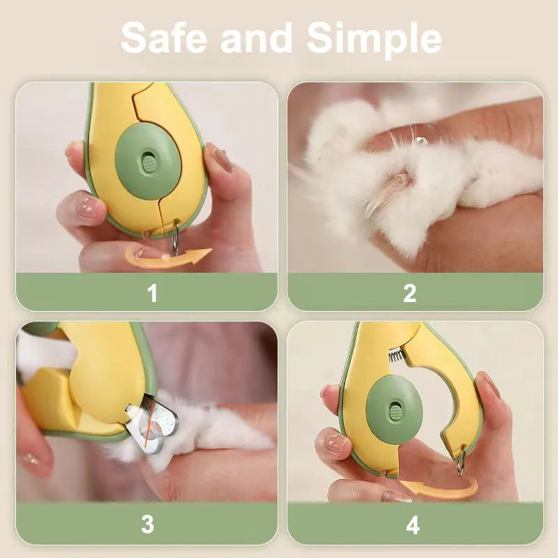 Green professional pet nail clipper with LED light on, showing safety guard and ergonomic handle.