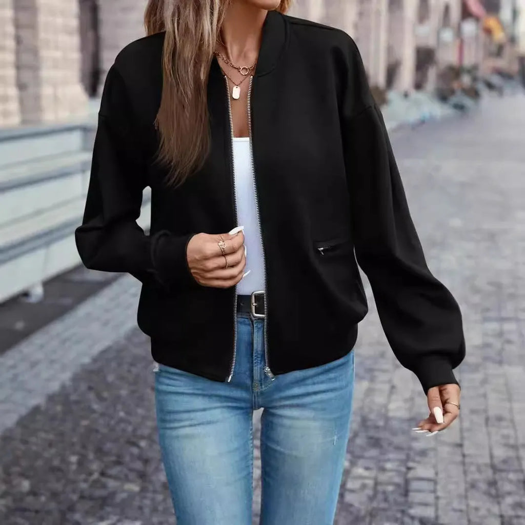 Women's black polyester zip jacket with long sleeves and faux pockets in Japanese Korean casual style