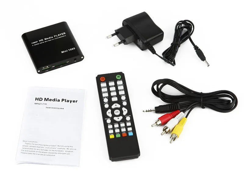 Blue and black 1080P Full HD media player with HDMI port, compact all-metal design.