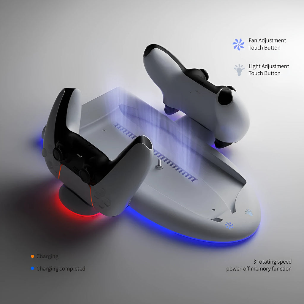 PS5 Slim charging base with cooler pad fan, RGB lighting, fixed charging belt, and USB port