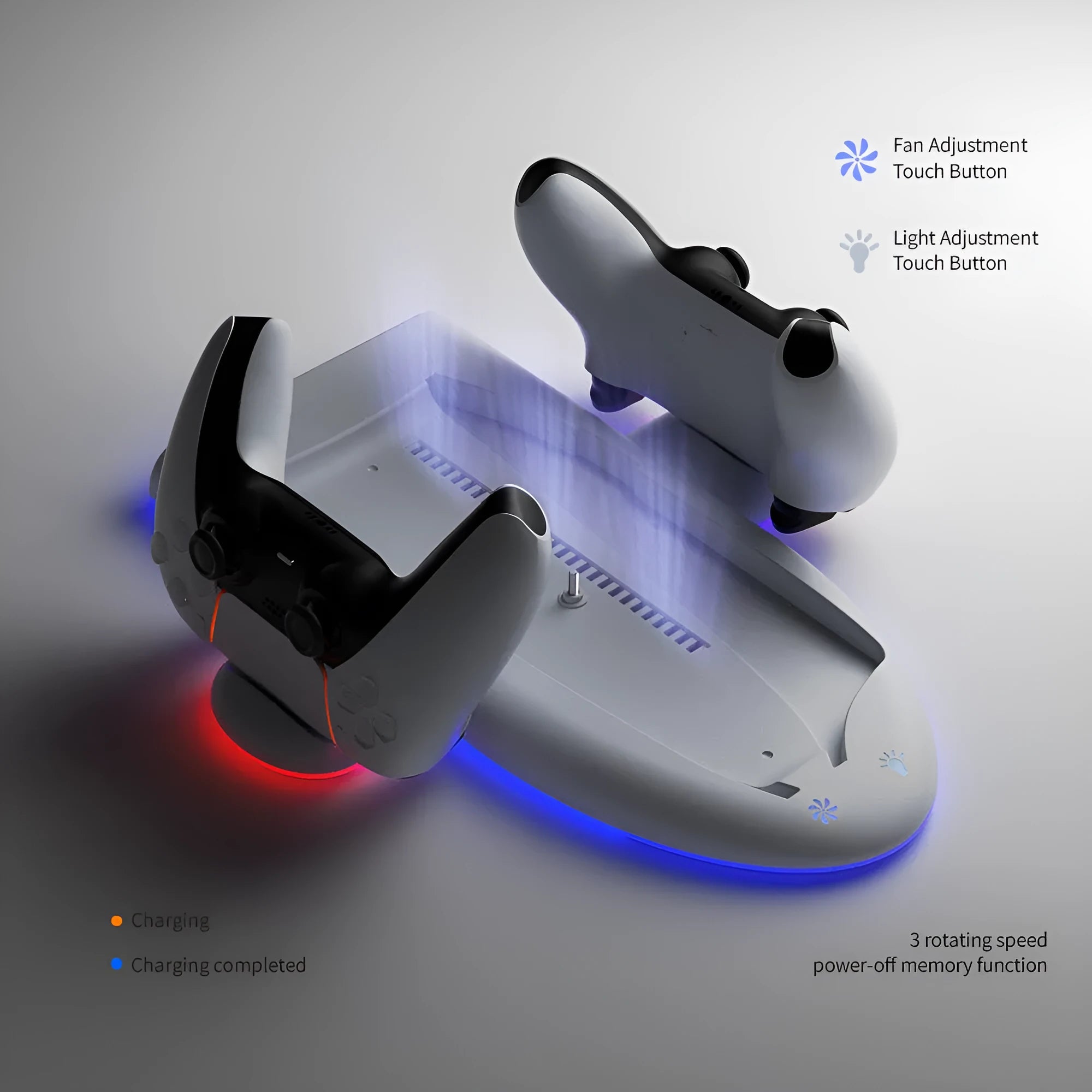 PS5 Slim charging base with cooler pad fan, RGB lighting, fixed charging belt, and USB port