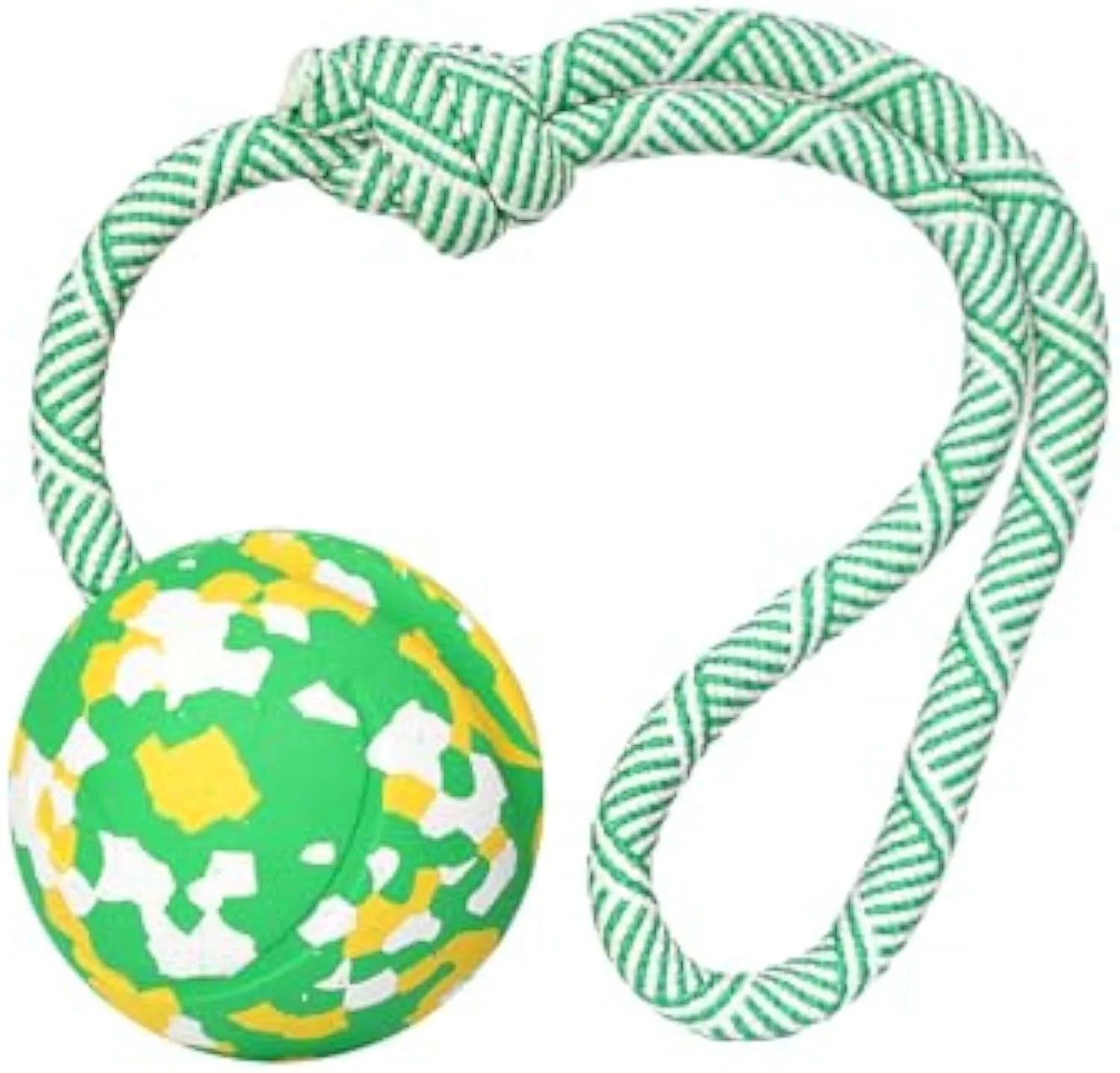 Natural rubber dog ball on a nylon rope toy for interactive fetch and tug games.