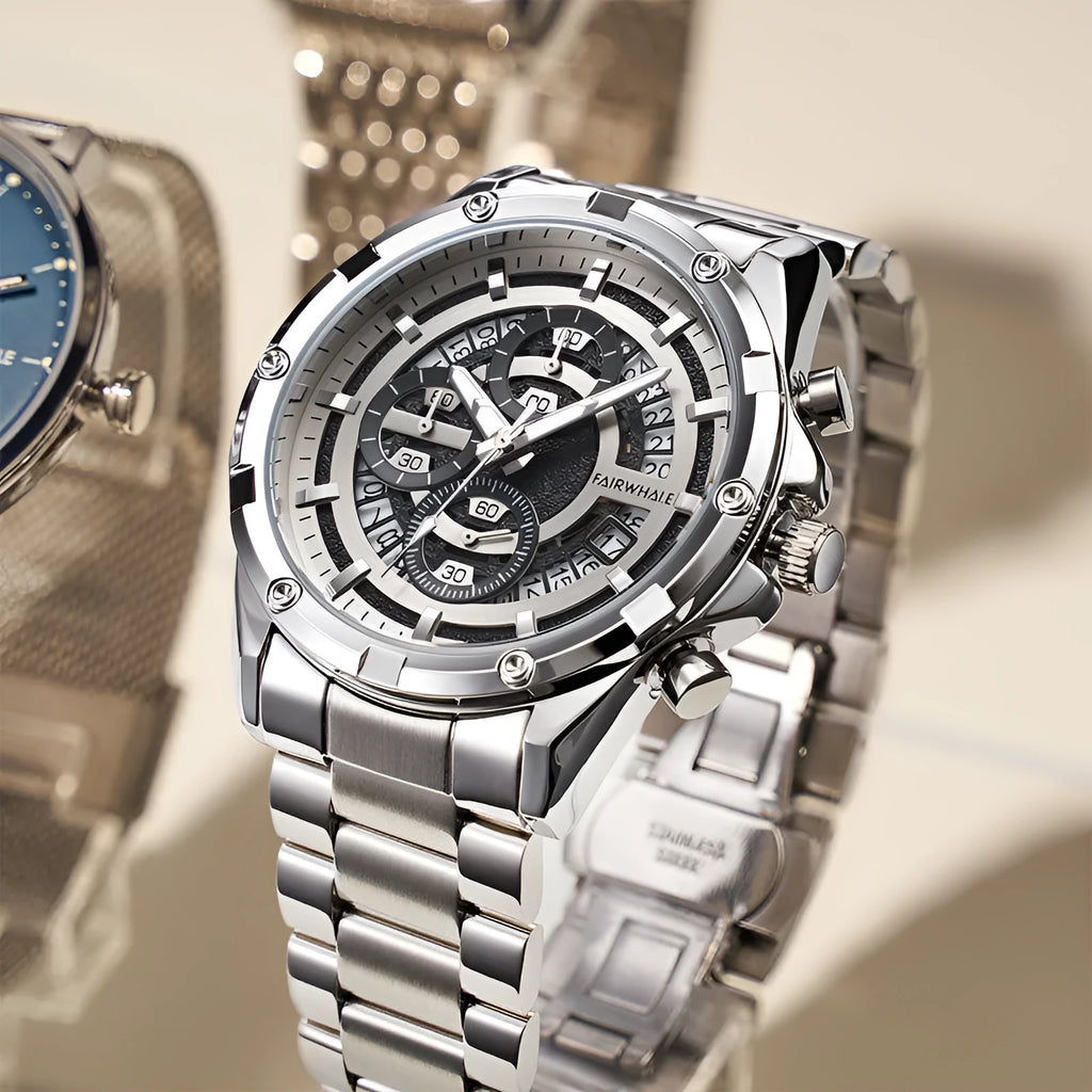 Men's waterproof quartz watch with luminous dial and stainless steel belt in casual style