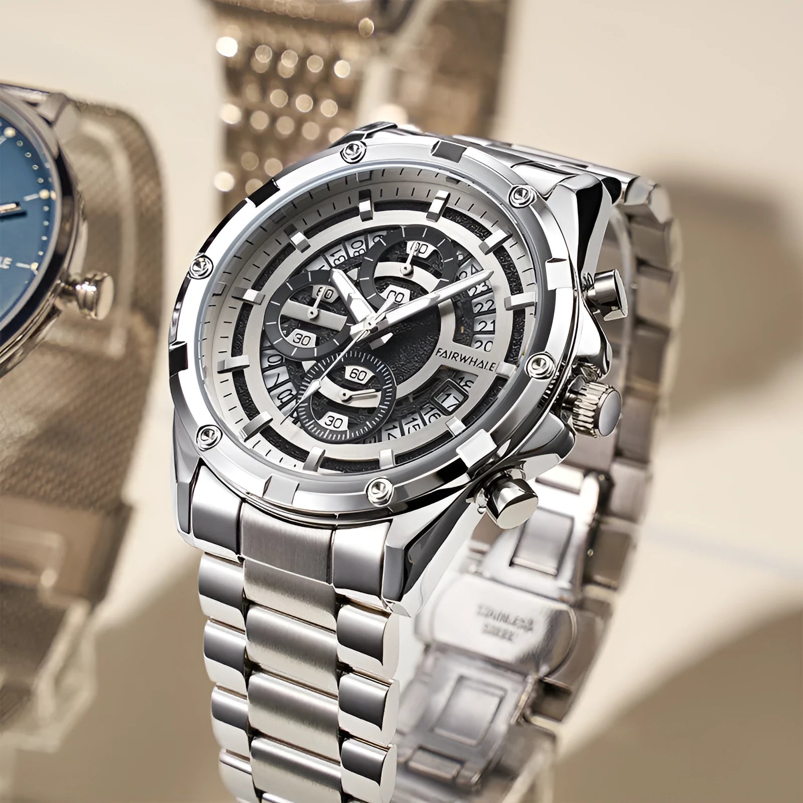 Men's waterproof quartz watch with luminous dial and stainless steel belt in casual style
