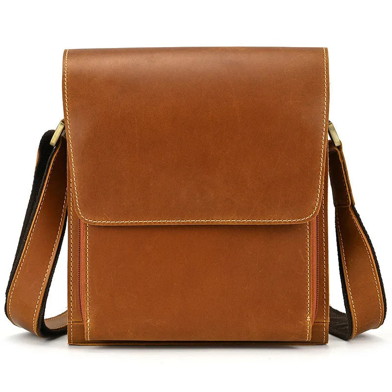 Men's first layer cowhide leather shoulder bag solid colour retro sewing line crossbody bag dark brown