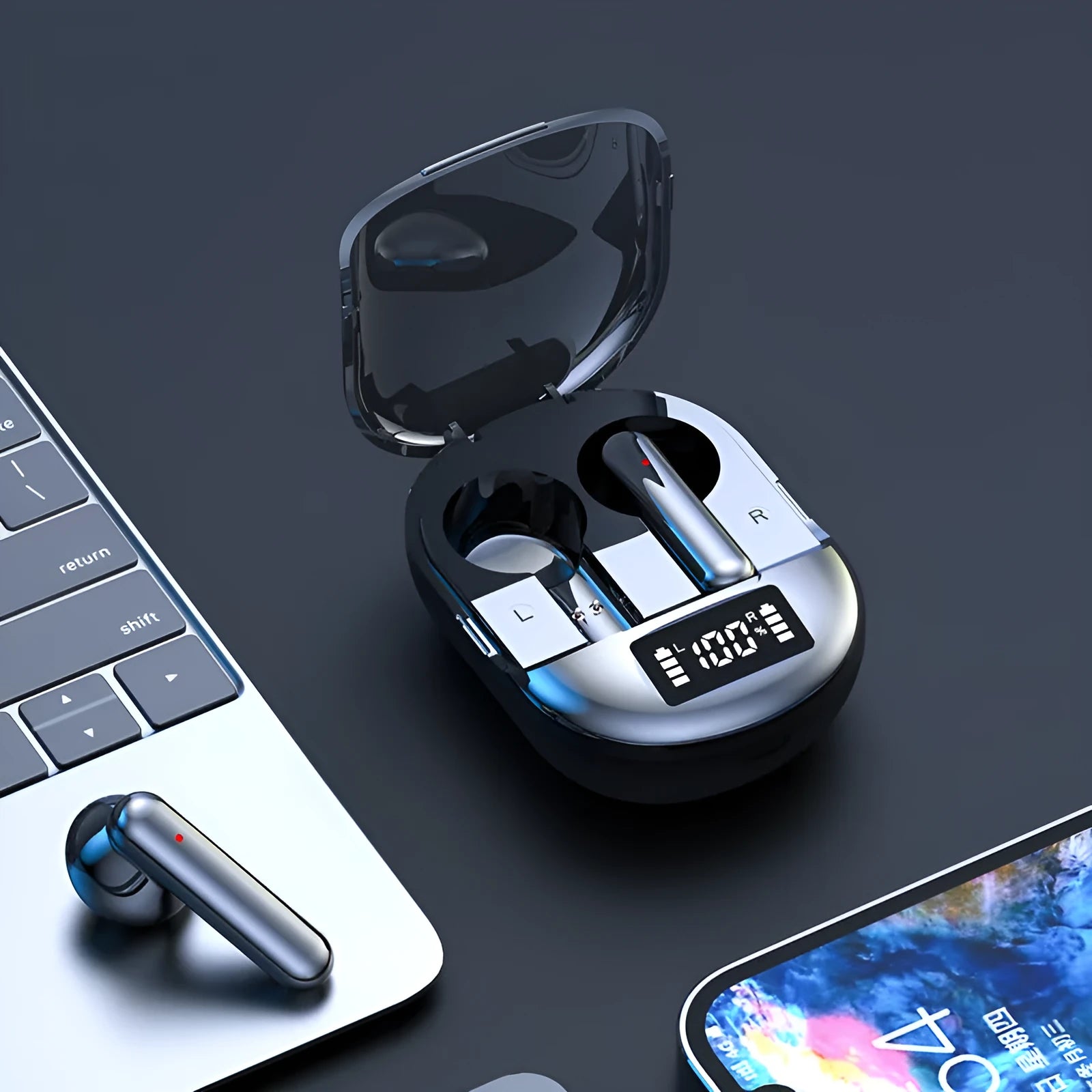 Black or white wireless Bluetooth in-ear headset with charging bin, featuring a digital display screen.