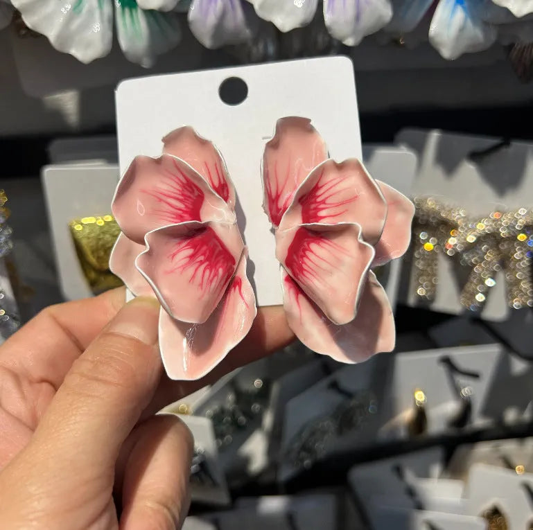 Pastoral style alloy floral stud earrings with oil-spot glaze in blue, green, purple, and rose colours
