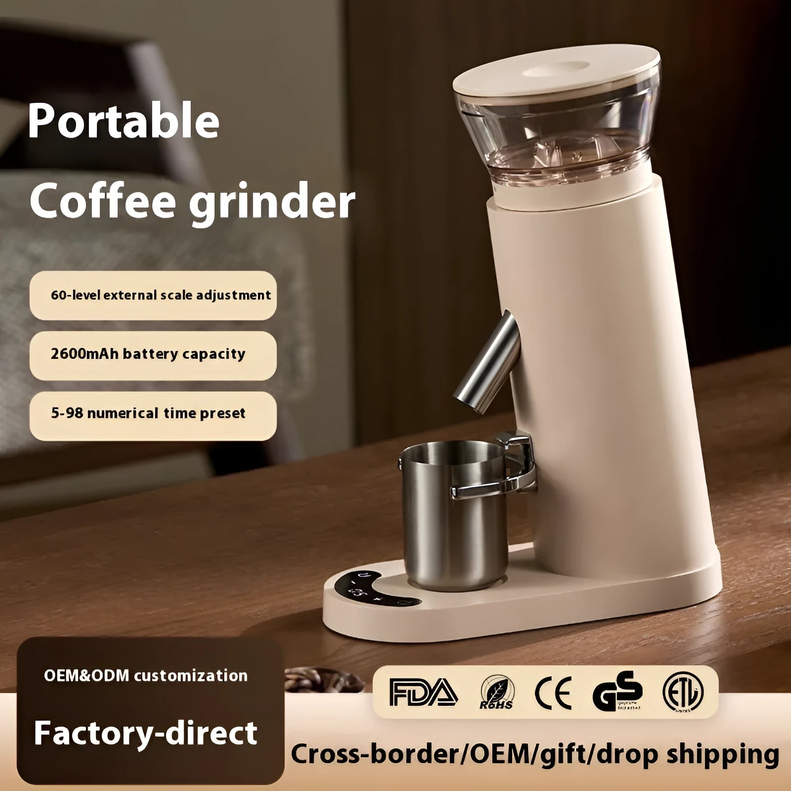 Portable electric coffee grinder with stainless steel body and 0.5L capacity