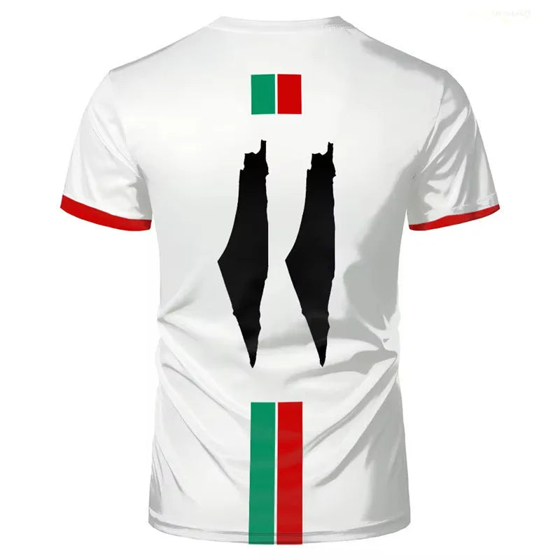 Black 3D printed football graphic on a men's short sleeve T-shirt showing textured pattern detail.