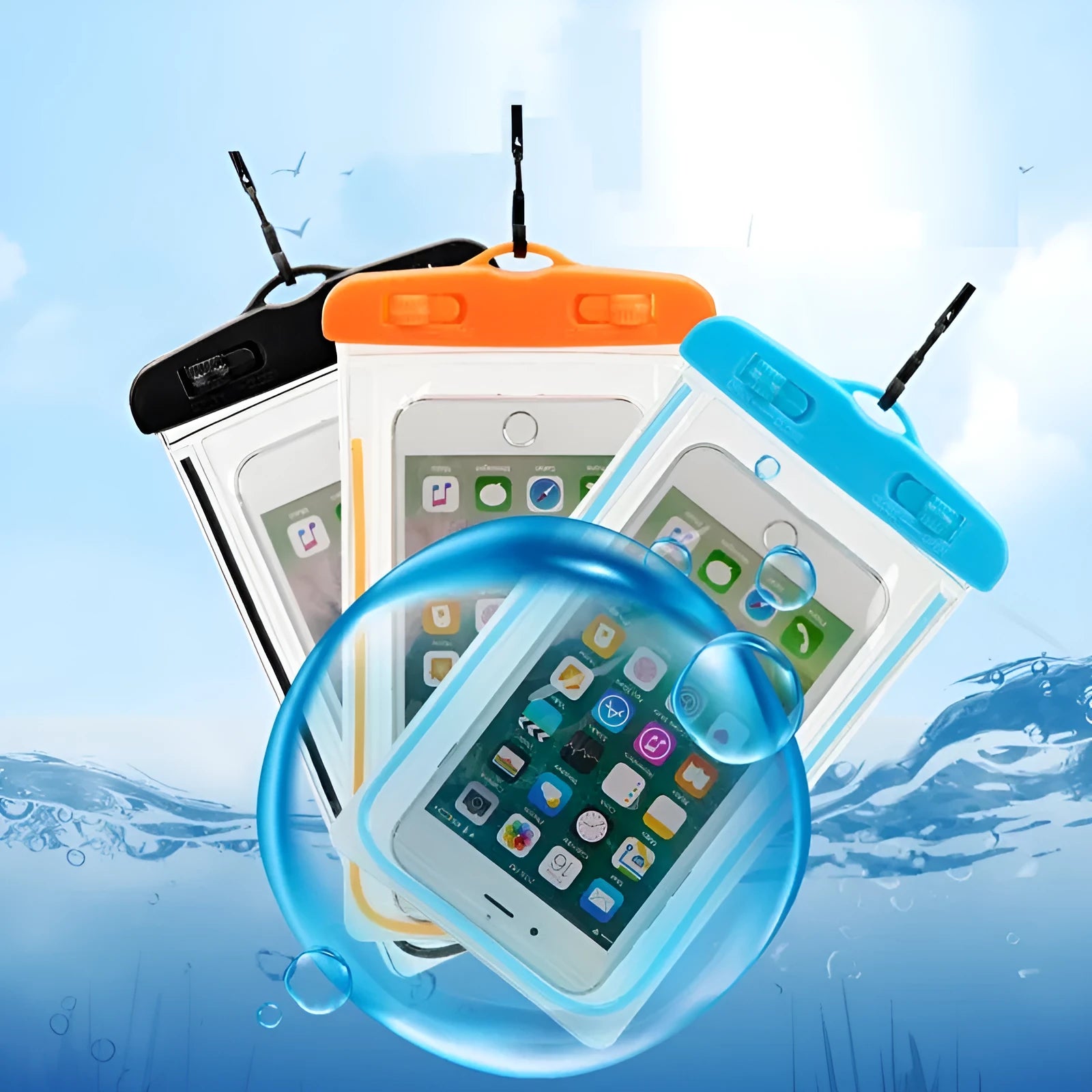 Universal waterproof luminous touch screen phone case in black and orange colours on outdoor setting