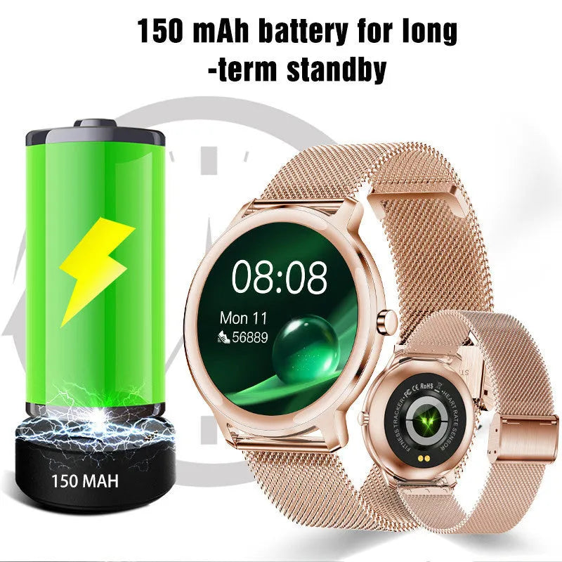 Women's silver smartwatch with stainless steel mesh band and round touch screen on a wrist.