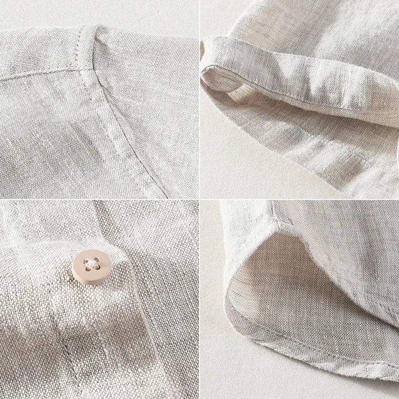 Man's casual linen shirt with square collar and short sleeves in raw jute colour