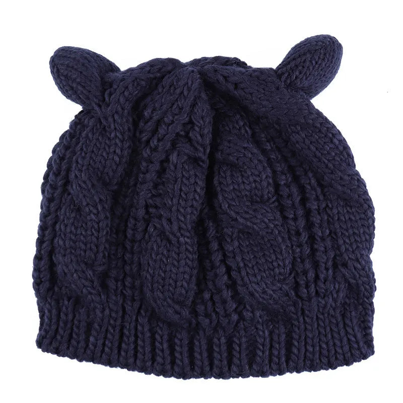 Hand-made knitted beanie hat with 3D cat ears in winter wool colours