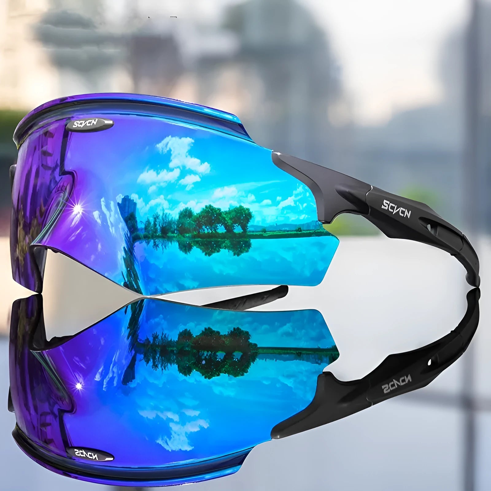 Athletic sports glasses with integrated colourful lens in frameless windproof design for cycling and running