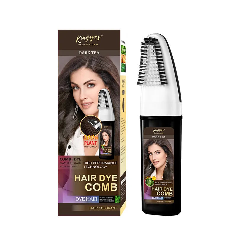 Permanent hair dye kit bottle with attached comb applicator in brown, wine red, or dark brown shade.