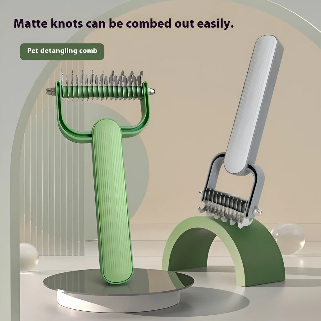 Green dog grooming comb with stainless steel teeth for detangling matted pet hair