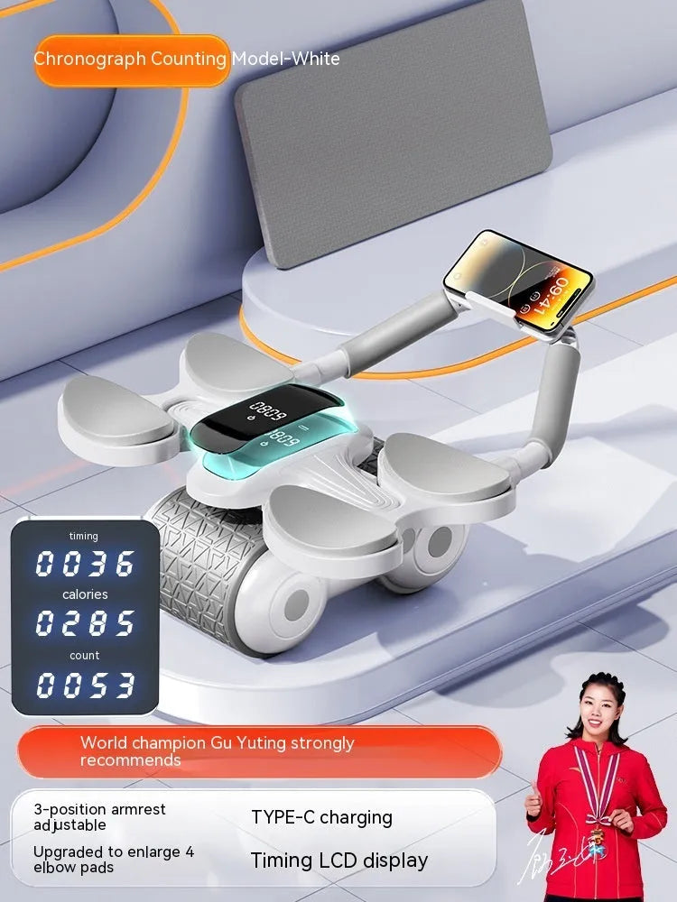 White abdominal fitness roller with LED timing display for home and gym use