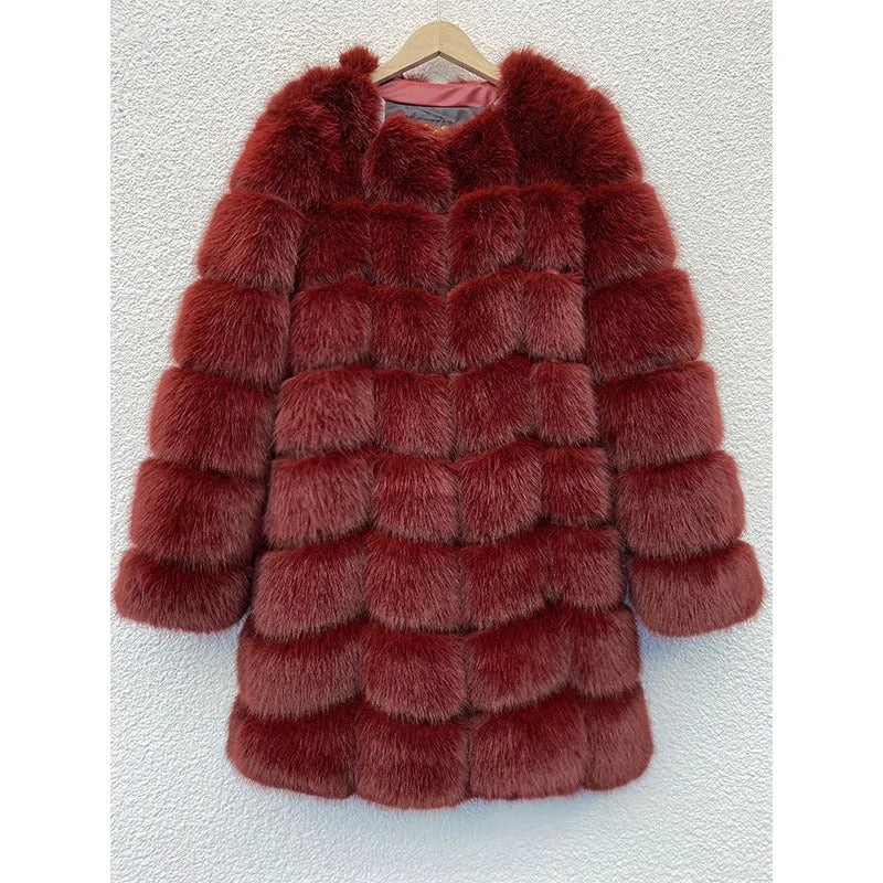 Women's long black faux fur coat with regular sleeves on a hanger