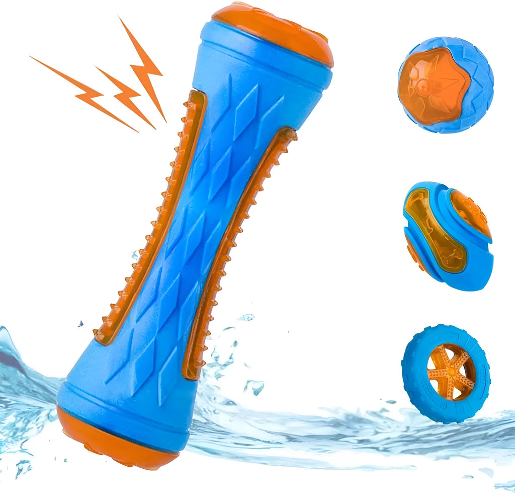 Set of four colourful floating dog toys: a ball, a barbell, and two tyres on a blue background.