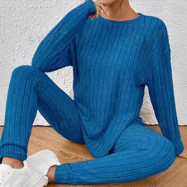 Women's black sunken stripe polyester two-piece loungewear set with top and pants