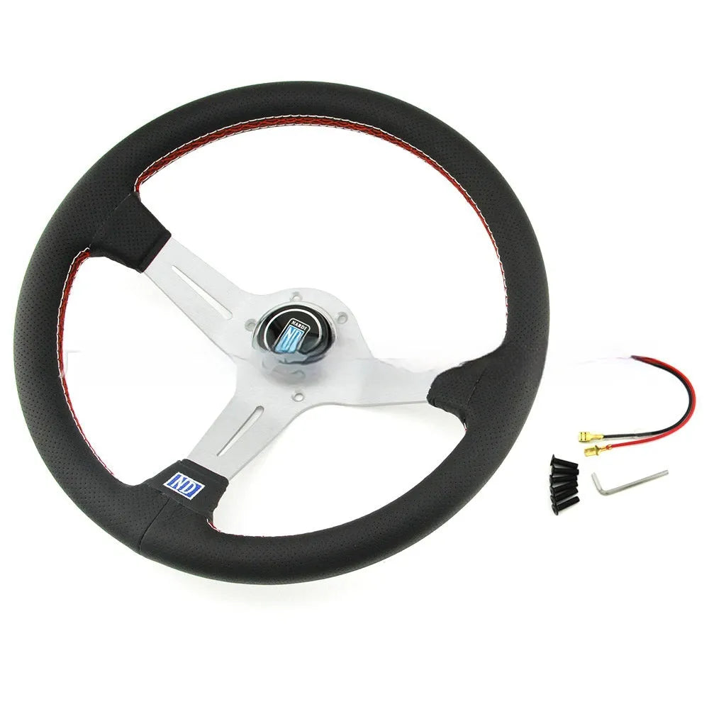 14-inch leather steering wheel with concave middle grip in black skeleton frame