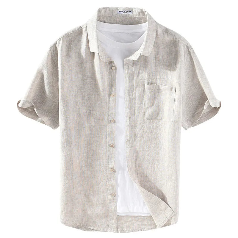 Man's casual linen shirt with square collar and short sleeves in raw jute colour