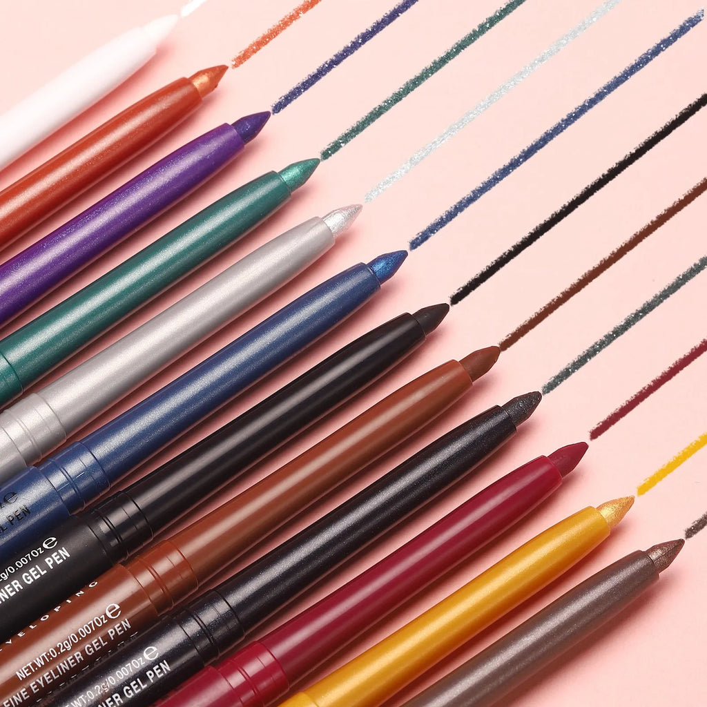 Set of 12 colourful gel glitter eyeliner pencils displayed in a row showing matte, glitter, and metallic shades.