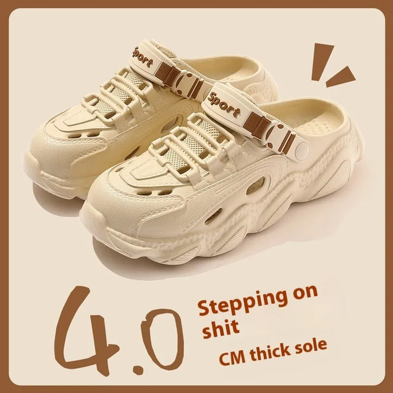 Men's khaki outdoor slippers with a hollow out design and textured EVA sole.