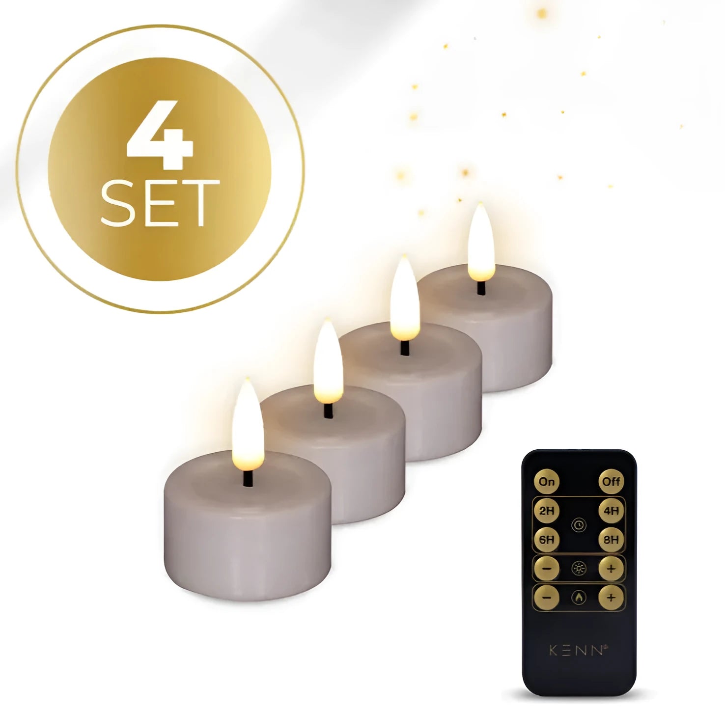 Four taupe-coloured S4 LED flameless tealight candles showing size and colour.