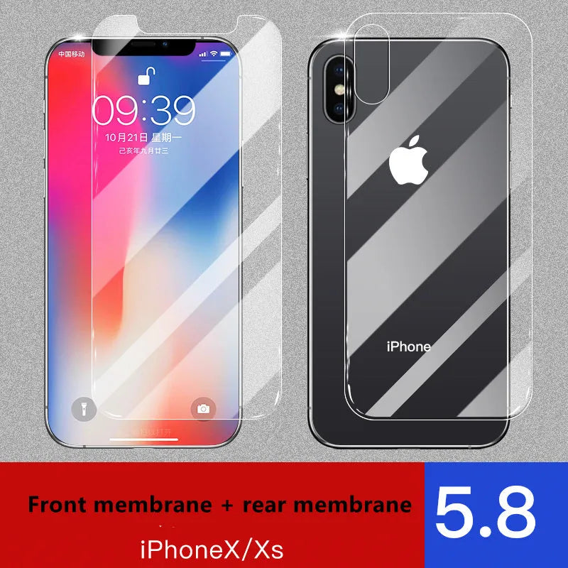 Apple iPhone tempered glass screen protector film for front and rear, showing half-screen design