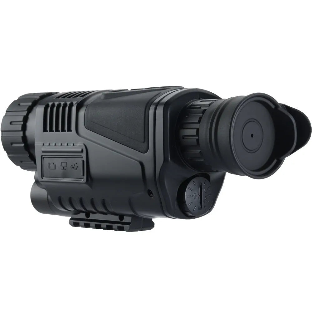 Black digital night vision telescope with rubber coating, 40mm lens, and storage bag for outdoor use.