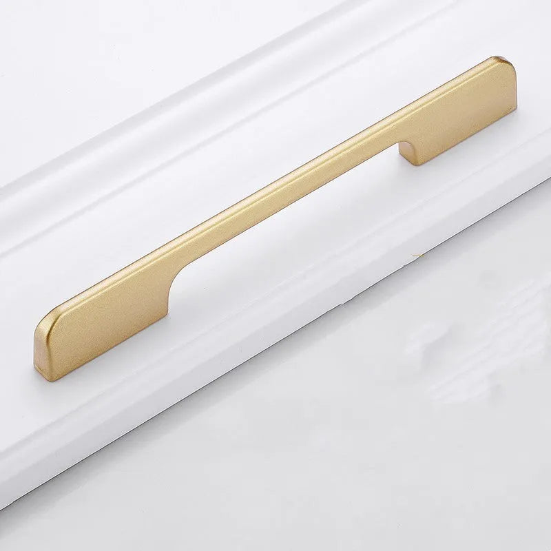 Gold aluminium alloy cabinet handle with T shape design showing single mounting hole