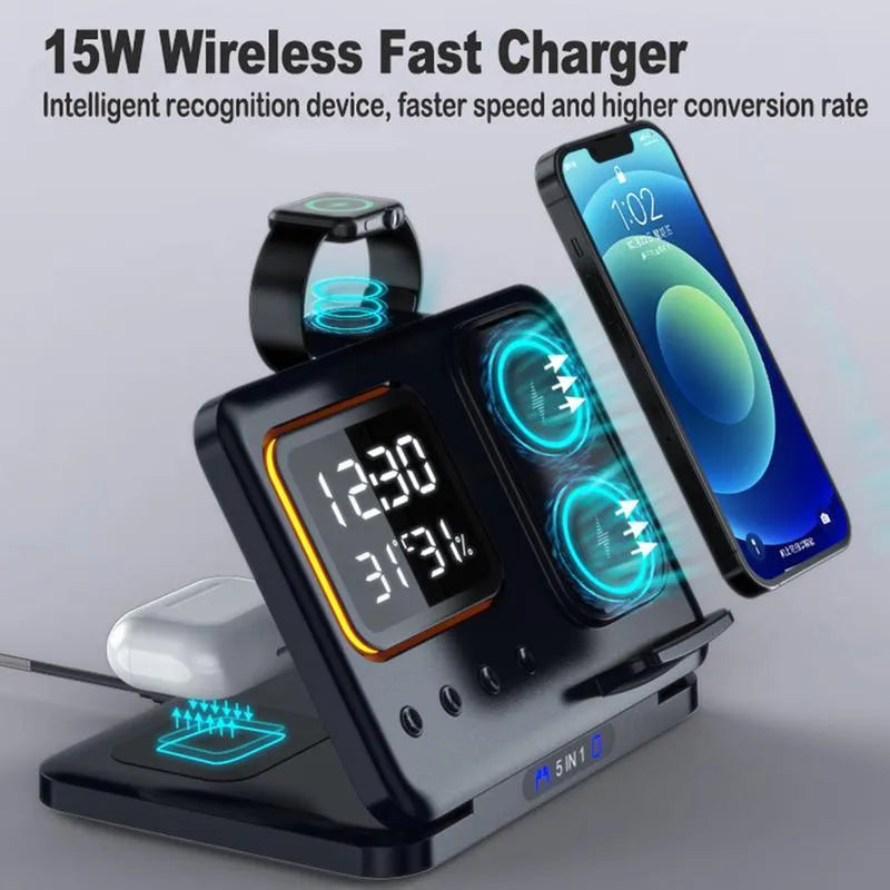 Black 5-in-1 wireless charging dock station showing phone, watch, and earbuds charging next to LED digital clock display.
