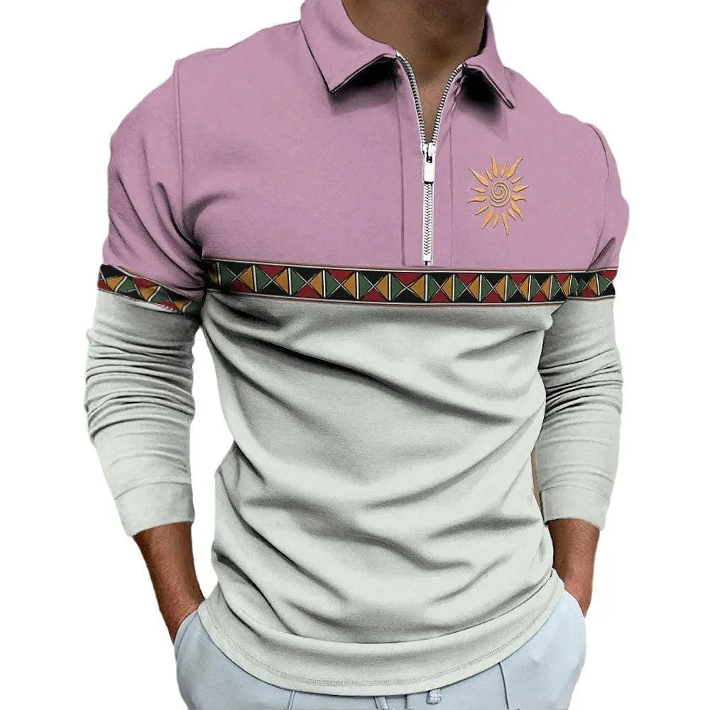 Men's long sleeve polo shirt with retro colour printing and striped pattern on bird eye cloth fabric.