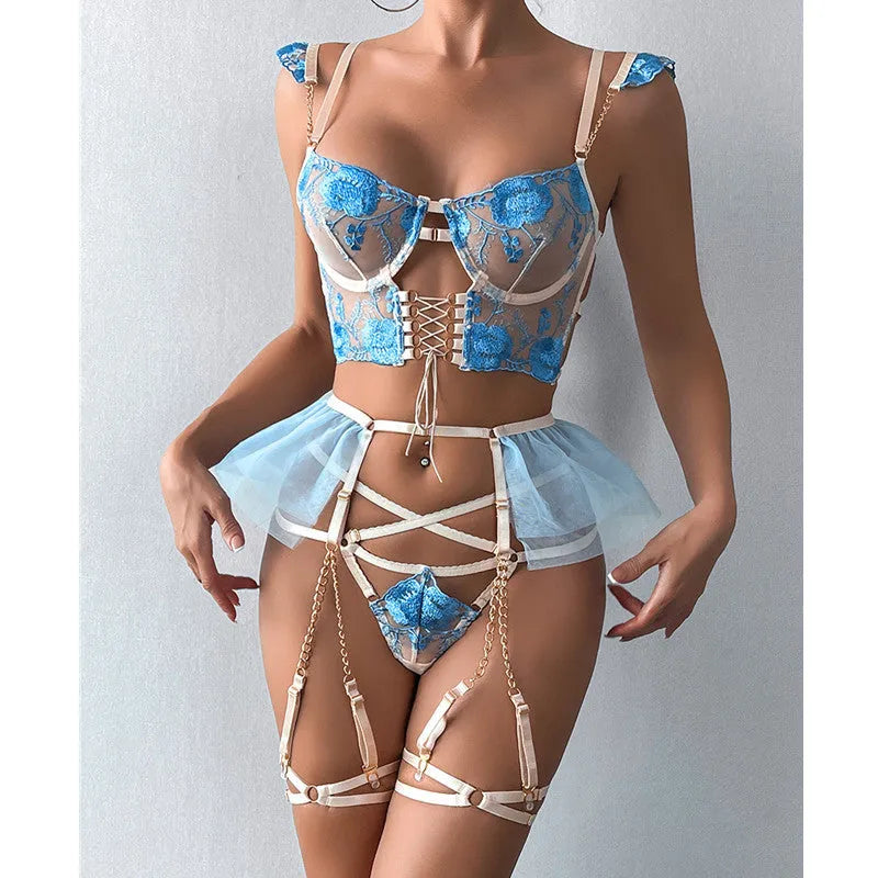 Light blue embroidered lace push up bra and pants set for women
