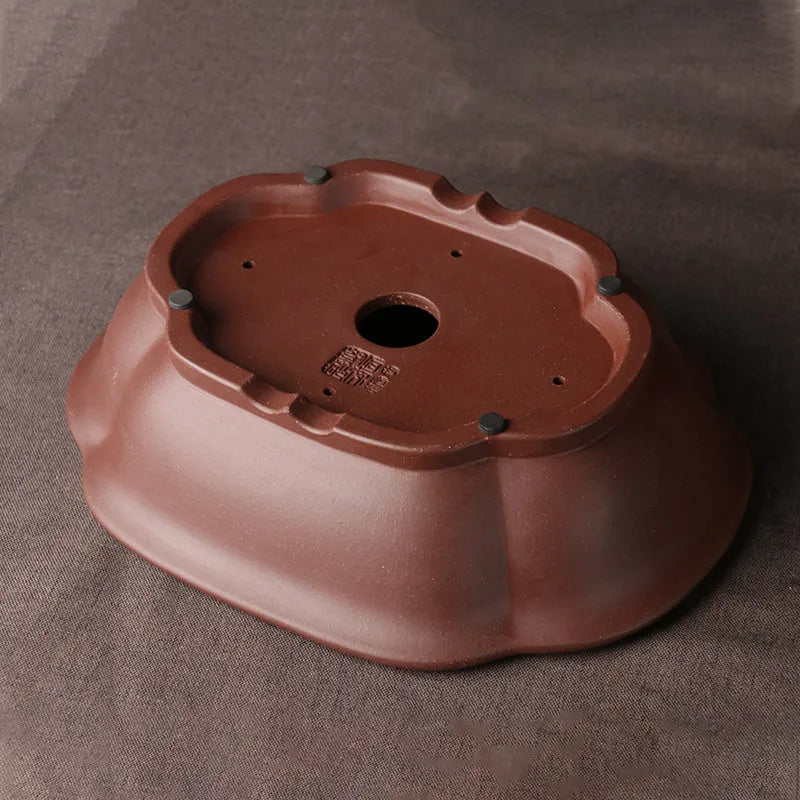 Handmade purple clay bonsai basin in classical plain Chinese style, measuring 25x20x7cm