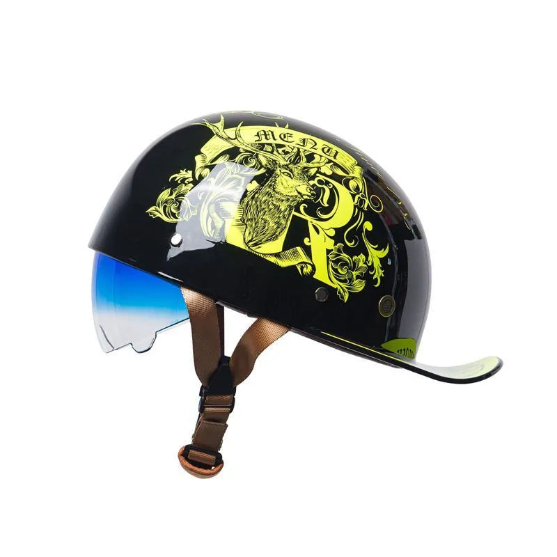 Men's retro half helmet for electric bicycles in bright black gradient blue with contrasting lens