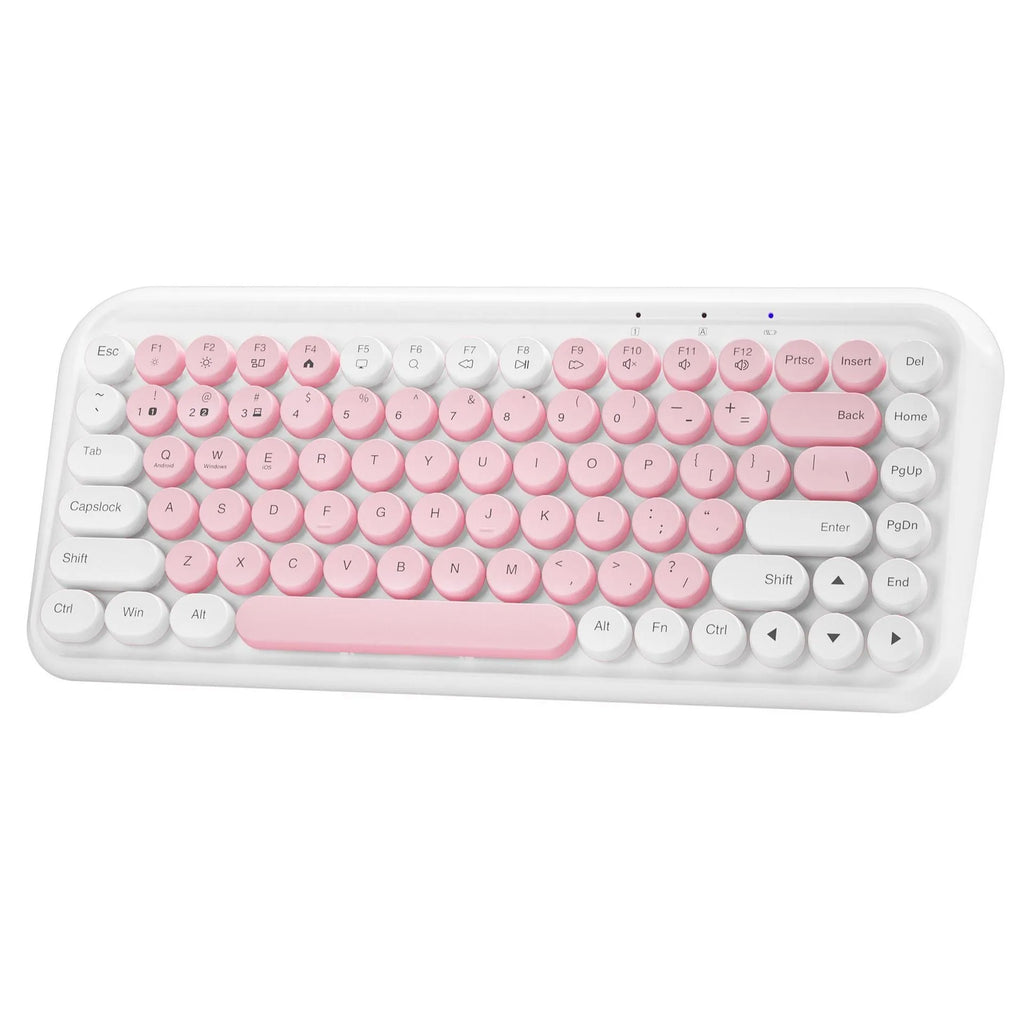 Pink wireless Bluetooth keyboard with 84 mute keys showing portable design